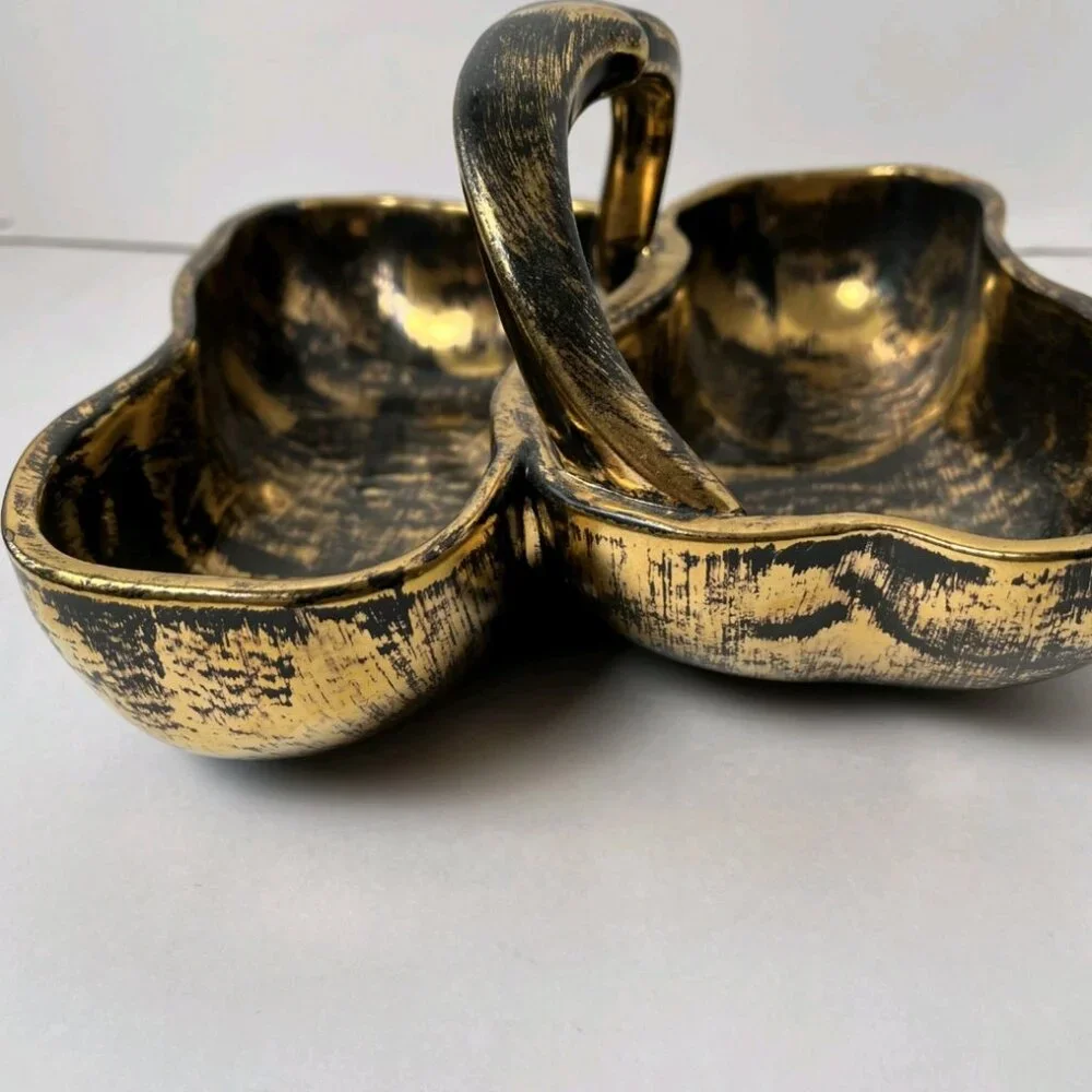 Vintage STANGL Black Gold Double Pear Bowl #3782 22K Gold MCM Pottery